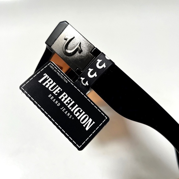 True Religion Square Sunglasses Amber Lens UV Protection NWT Acetate Black Wide - Picture 4 of 6